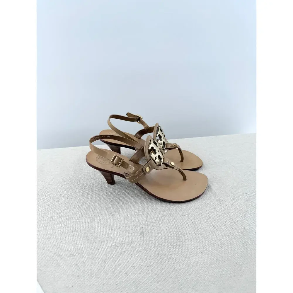 Tory Burch Leather Mid-Heel Thong Sandals with Metallic Logo Beige Women's US 6